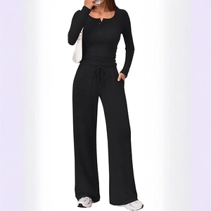 Women's black rib-knit lounge set with long sleeve button top and wide-leg trousers