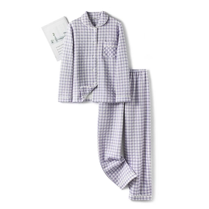 Three-layer quilted cotton purple plaid pajama set for men and women featuring lapel buttons