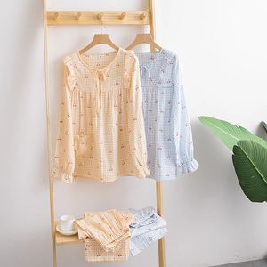 Pyjama Doux en Coton pour Femmes Imprimé Cerises à Carreaux Haut Manches Longues Et Pantalon Gaze Double Couche