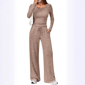 Women's 2-piece knit set featuring a long sleeve henley top and drawstring wide leg trousers