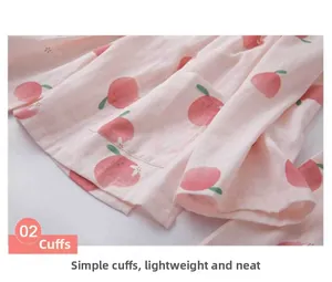 Detail of light pink peach print pajamas showing the clean cuff design and side pocket