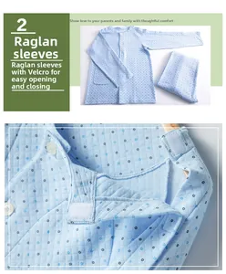 Dettaglio maniche raglan con velcro su pigiama sanitario blu a pois per anziani e disabili