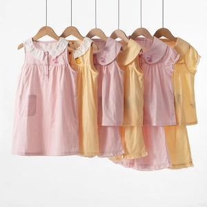 Pyjama Enfant Coton Vichy Ensemble Broderie Dessin Animé Chemise de Nuit Sans Manches Manches Courtes Vêtements de Maison Filles