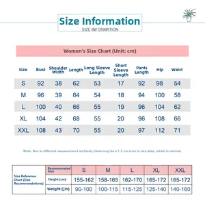 Tableau des tailles détaillé pour pyjamas en coton pour femmes du S au XXL