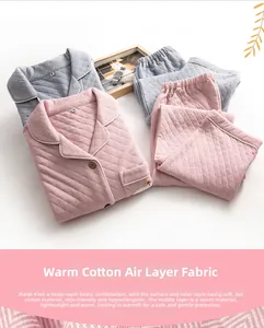 Detail of three-layer quilted cotton pajamas with soft diamond texture and lapel