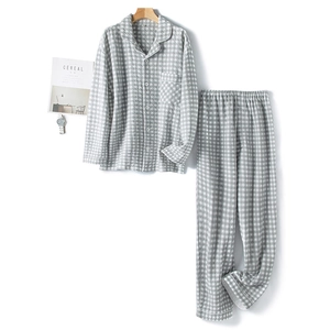 Men's grey plaid three-layer cotton pajama set with button-down shirt and long pants