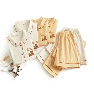 Short sleeve cotton bear embroidery pajamas set with red trim for kids loungewear