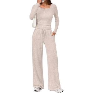 Women's 2-piece lounge set with long-sleeve button top and wide-leg pants in oatmeal