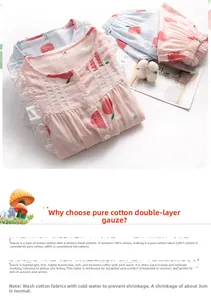 Close-up of peach printed double-layer cotton fabric with ruffle edges on pajamas