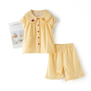 Ensemble pyjama enfant en coton à carreaux jaunes avec broderies de fruits mignons