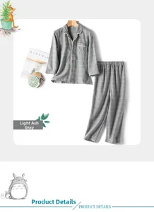 Detail of light heather grey plaid cotton pajama set with classic button-down collar