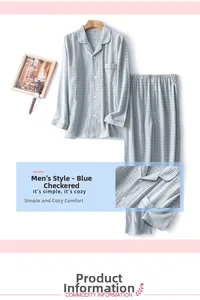 Klassischer blauer Gingham-Pyjama für Herren aus Baumwolle mit Revers und Knopfleiste