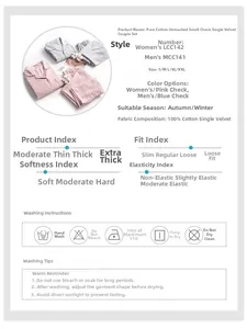 Detailansicht der 100% Baumwolle Pyjama Stoffstruktur und technische Größentabelle