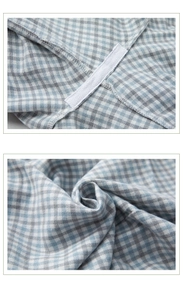 Detail of soft blue plaid cotton fabric with high-quality elastic strap and flat seam work