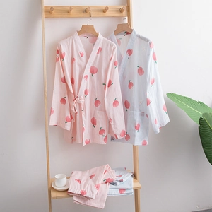 Women's 100% Cotton Double-Layer Gauze Kimono Pajama Set Cute Peach Print Long Sleeve Top And Bottom Sleepwear For Maternity