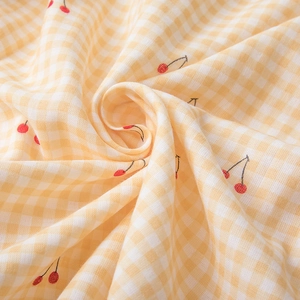 Women's cotton pajamas in yellow gingham check with cute red cherry print details