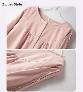 Detail of pink plaid cotton nursing top with round neck buttons and side zipper closure