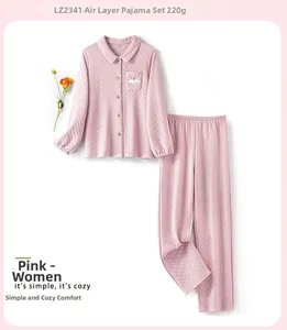 Detail of pink quilted cotton pajama set with breast pocket and soft diamond texture