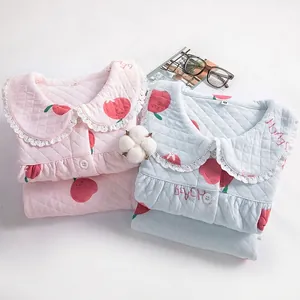 Quilted three-layer warm cotton pajamas set for women with cute peach prints and lace collar