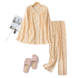 Women's cotton pajamas set with cherry print, V-neck long-sleeve top and trousers