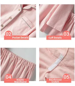 Detail view of pink plaid cotton pajamas showing collar buttons and elastic waistband