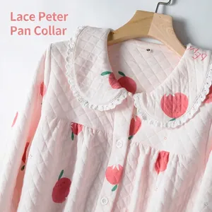 Pink quilted pajama set with peach print and lace Peter Pan collar for women