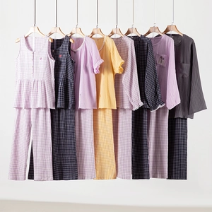 Pyjama en Double Gaze de Coton pour Couple Gingham Broderie Vêtements de Nuit Manches Longues Courtes Sans Manches Femme Homme