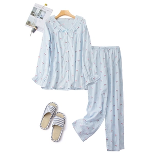 Light blue plaid cherry print cotton pajama set with long sleeves and striped slippers