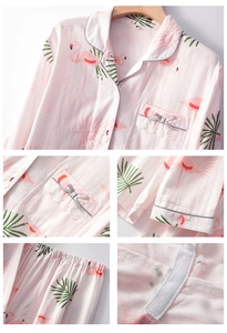Détails du pyjama en coton rose avec imprimé flamant rose et finitions en dentelle de qualité