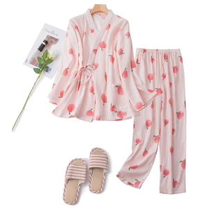 Pink peach print cotton kimono pajamas set with long sleeves and pants for women