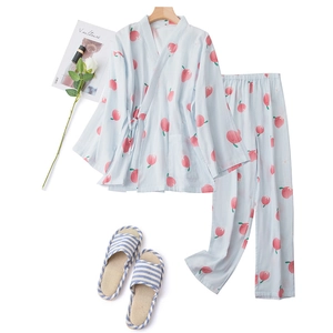 Women's pure cotton peach print kimono pajamas set with long sleeves and pants in blue