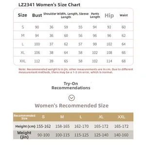 Size chart for women quilted pajamas set showing detailed measurements from S to XXL