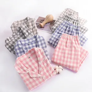 100% Baumwolle Gebürstet Kariert Schlafanzug-Set Für Damen Herren Langarm Top Und Bottom Weich Warm Loungewear Minimalistisch Kariert Paar Hauskleidung