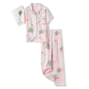 Ensemble de Pyjama en Coton Imprimé Flamant Rose pour Femme Double Gaze Respirant Décontracté Top And Bottom Vêtements de Nuit