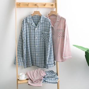 Pyjama Style Japonais 100% Coton Gaze Double Couche Carreaux Pour Hommes Et Femmes Respirant Doux Haut Et Bas De Pyjama Confortable