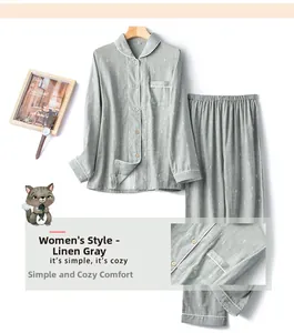 Detail of grey cotton pajamas set with button-up shirt and long pants for women