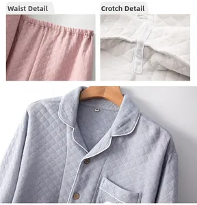 Close-up of quilted three-layer cotton fabric texture and stitching on pajamas