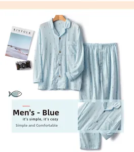 Men's light blue cotton pajama set with small fish print and casual home decor