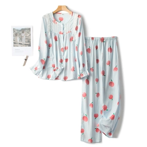 Cute peach print long-sleeve cotton pajama set in light blue with white lace detail