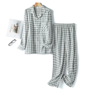 Grau kariertes Flanell-Pyjama-Set für Damen und Herren mit Langarm-Oberteil und Hose