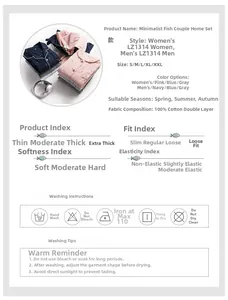 Detailed size and material chart for 100% cotton double gauze pajama sets in various colors
