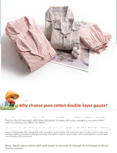 Detail of soft 100% cotton double gauze fabric with small plaid pattern for couple pajamas