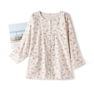 Winter thermal cotton floral pajamas shirt with button-down front and chest pocket