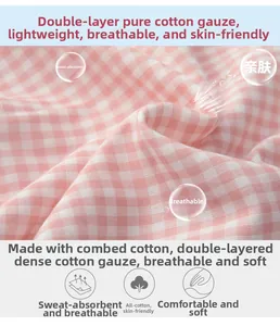 Close-up of pink checkered double-layer cotton gauze fabric with breathable texture
