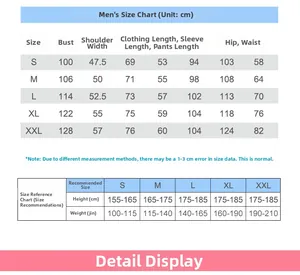 Detailed size chart for men cotton pajamas set showing measurements for S to XXL sizes
