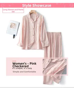 Detailed view of pink plaid cotton pajamas for women featuring a button-up lapel top