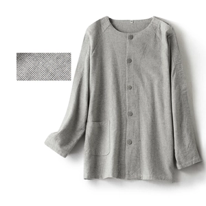 Grey cotton brushed flannel patient care shirt with round neck and easy-fasten buttons