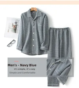 Dettaglio del pigiama in cotone pied-de-poule blu navy con colletto e taschino sul petto