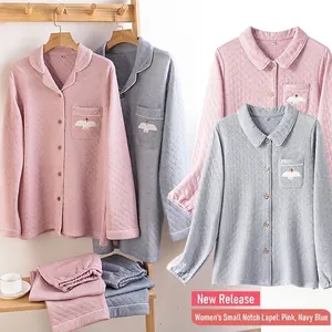 Couples Thick Air Cotton Quilted Pajama Set Embroidered Bird Homewear Long Sleeve Suit Collar Top And Bottom Sleepwear