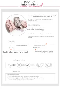Detailed chart showing pure cotton plaid fabric texture, size guide, and washing instructions